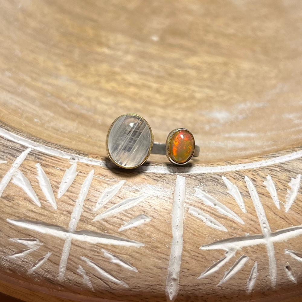 Ethiopian Opal & Moonstone Two Stone Black Rhodium 925 Sterling Silver Ring